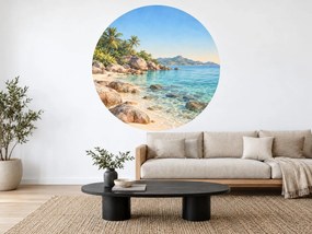 Tropická pláž medzi žulovými balvanmi slnečná kruhová akvarelová dekorácia s tropickým pobrežím na stenu do obývačky arch 46 x 46 cm