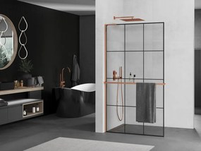 Mexen Kioto+ L, sprchová zástena Walk-In s poličkou a vešiakom 110 x 200 cm, 8mm číre sklo čierny vzor, ružové zlato profil, 800-110-123-60-77