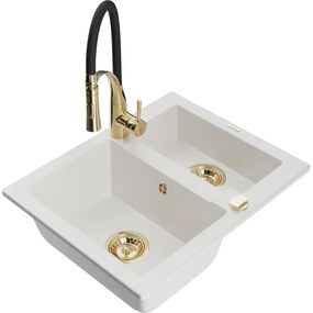 Mexen Carlos, 1,5-komorový granitový drez 582x475x177 mm a drezová batéria Aster, biela, 6518-20-73450-57-G