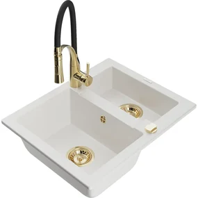 Mexen Carlos, 1,5-komorový granitový drez 582x475x177 mm a drezová batéria Aster, biela, 6518-20-73450-57-G