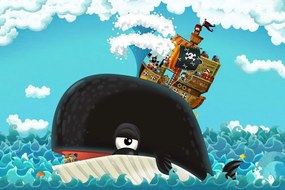 Samolepiaca tapeta plávajúca veľryba s pirátskou loďou