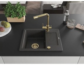 Mexen Enzo, granitový drez 576x465x174 mm, 1-komorový, zlatá batéria Duero, čierna škvrnitá, 6506-76-671600-50