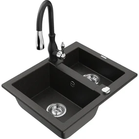 Mexen Carlos, 1,5-komorový granitový drez 582x475x177 mm a drezová batéria Savita, čierna-zlatá metalíza, 6518-75-672601-70