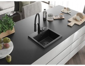 Mexen Milo, 1-komorový granitový drez 435x410x171 mm a drezová batéria Aster, čierna, 6505-77-73450-70-B