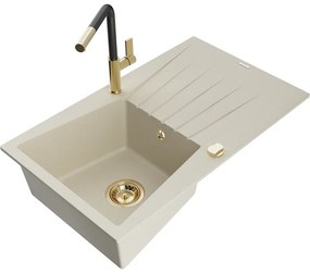 Mexen Cesar, 1-komorový granitový drez 775x470x190 mm a drezová batéria Flora, béžová, 6514-69-670401-57-G