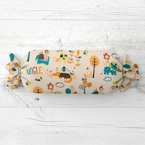 Biante Detský vankúš valec bonbon Sandra SA-008 Tyrkysové a oranžové zvieratká z džungle 15x60 cm
