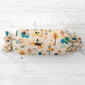 Biante Detský vankúš valec bonbon Sandra SA-008 Tyrkysové a oranžové zvieratká z džungle 15x60 cm