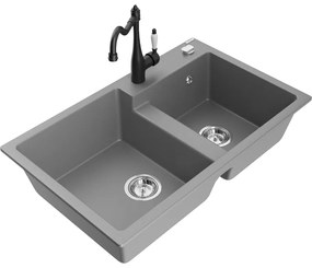 Mexen Tomas, granitový drez 800x500x190 mm, 2-komorový a drezová batéria Carla, šedá, 6516-71-670700-70
