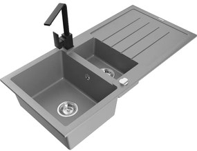 Mexen Andres, granitový drez 1000x500x200 mm, 1,5-komorový, šedá s chrómovým sifónom a čierna drezová batéria Rita, 6515-71-670300-70