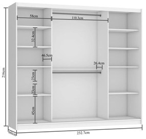 Šatníková skriňa 232 cm Belini čierny mat / dub sonoma s posuvnými dverami a zrkadlom  MZ SZP4/2/1B/2DS1L/0/BL