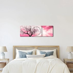 Ružový obraz stromu (s hodinami) (90x30 cm)