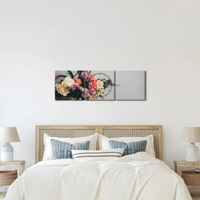 Obraz košíka s kvetinami (s hodinami) (90x30 cm)