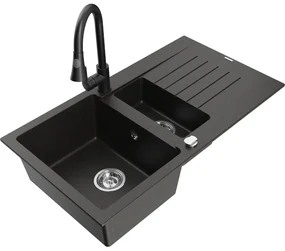 Mexen Matias, 1,5-komorový granitový drez 900x505x200 mm a drezová batéria Elia, čierna-zlatá metalíza, 6502-75-670101-70