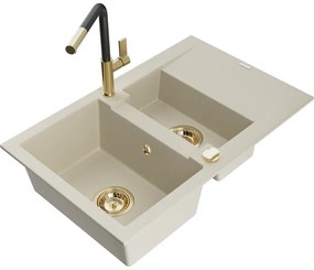 Mexen Gaspar, 1,5-komorový granitový drez 737x475x177 mm a drezová batéria Flora, béžová, 6507-69-670401-57-G