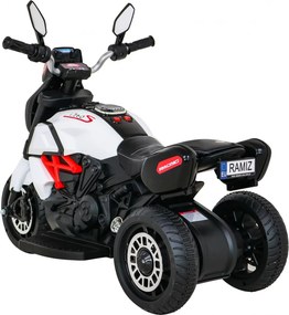 Ramiz Motorka Fast Tourist na batérie pre deti biela + audio + svetlá + ekokoža