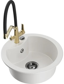 Mexen Diego, 1-komorový granitový drez 488x488x167 mm a drezová batéria Duo, biela, 6512-20-671701-57-B