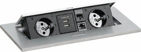 Zásuvkový box - výklopný, 2x zásuvka, 2x USB-A, 2x RJ45 port, strieborná