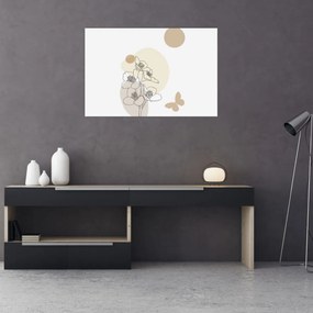 Obraz - Béžové kvety s motýľom N⁰4 (90x60 cm)