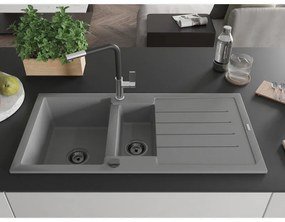 Mexen Andres, 1,5-komorový granitový drez 1000x500x200 mm a drezová batéria Flora, šedá, 6515-71-670401-07-B