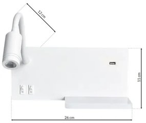 LED Nástenné svietidlo SHELF 1xLED/4W+1xLED/5W+1xLED/2W/230V + USB port biela