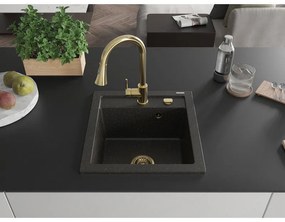 Mexen Vito, 1-komorový granitový drez 490x520x210 mm a drezová batéria Elia, čierna-zlatá metalíza, 6503-75-670101-50