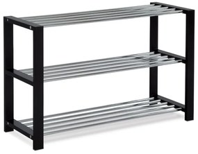 Botník, 3 kovové chromované police, masiv kaučukovník, černý matný lak