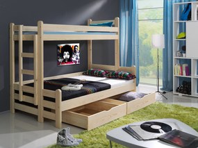 Detská poschodová posteľ s rozšíreným spodným lôžkom a zásuvkami BENJAMIN - prírodná borovica - 200x90/120 cm