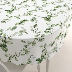 Biante Bavlnený oválny obrus Sandra SA-422 Zelené listy na bielom 140x160 cm