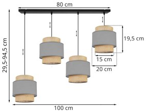 Závesné svietidlo BOHO, 4x jutové/sivé textilné tienidlo