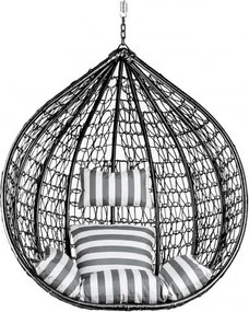 Čierne závesné kreslo KOKON bez stojanu, bielo-sivý vankúš