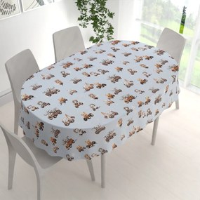 Biante Detský bavlnený oválny obrus Sandra SA-629 Zvieratká v autách na modrom 120x180 cm