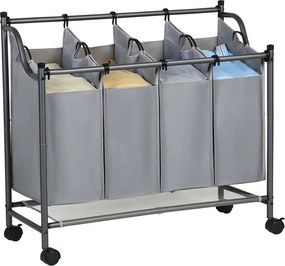 Kôš na bielizeň s kolieskami, 4 priehradky, vozík na bielizeň, 4 x 35L, sivý