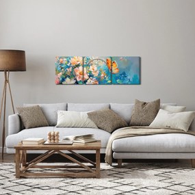 Obraz - Motýľ a kvety, olejomaľba II. (s hodinami) (90x30 cm)
