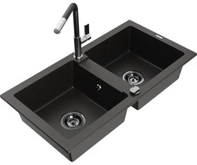 Mexen Mario, 2-komorový granitový drez 820x436x161 mm a drezová batéria Flora, čierna-zlatá metalíza, 6504-75-670401-07-B