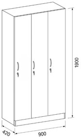 Drevená šatníková skrinka S5, 3 oddiely, 1900 x 900 x 420 mm, cylindrický zámok, sivá/červená