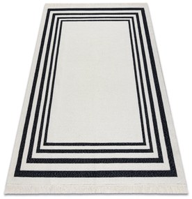 Obojstranný šnúrkový ekologický koberec TWIN 22990S rámom, so strapcami, krémovo - čierny