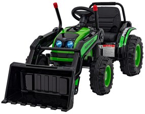 Zelený detský traktorový bager na batérie + pohyblivé rameno + diaľkové ovládanie + pomalý štart + FM rádio + LED