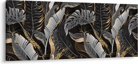 Obraz - Tropické listy v čierno-zlatej (120x50 cm)
