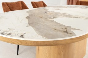 Jedálenský stôl UNIQUE 200 cm oválny rám z dubového dreva s dyhovanou keramikou a doskou z bieleho mramoru