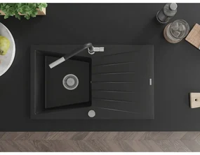 Mexen Cesar, 1-komorový granitový drez 775x470x190 mm a drezová batéria Flora, čierna, 6514-77-670401-07