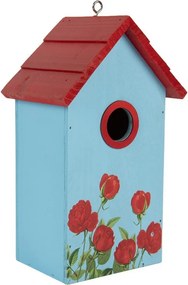 Červeno-modrá drevená vtáčia búdka s ružami Birdhouse - 15*10*22 cm