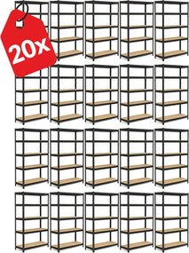 Akcia 20x Regál 200x100x60 cm lakovaný 5-policový, nosnosť 875 kg - čierny