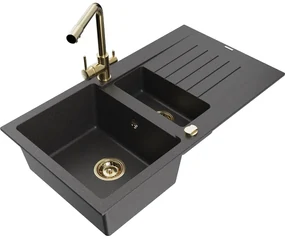 Mexen Matias, granitový drez 900x505x200 mm, 1,5-komorový a zlatá batéria Duero, čierna škvrnitá, 6502-76-671600-50