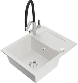 Mexen Enzo, granitový drez 576x465x174 mm, 1-komorový a drezová batéria Duo, biela, 6506-20-671701-07