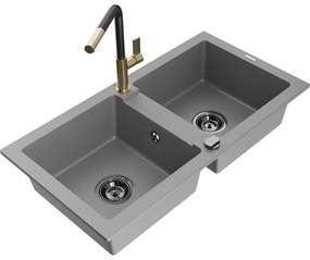 Mexen Mario, 2-komorový granitový drez 820x436x161 mm a drezová batéria Flora, šedá, 6504-71-670401-57-B