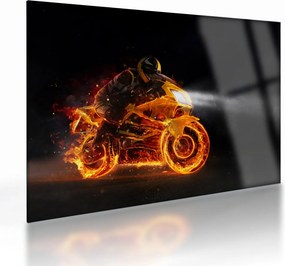Sklenený obraz - Motorkár s plameňmi (70x50 cm)