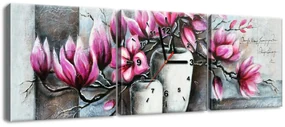 Gario Obraz s hodinami Ružové magnólie vo váze - 3 dielny Rozmery: 90 x 30 cm