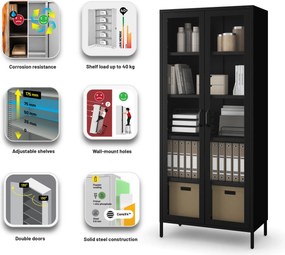 Sklenená vitrína ANGELO do obývačky – kovová, čierna, 800 x 1850 x 450 mm