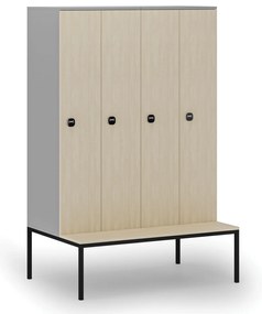 Drevená šatníková skrinka S4 s lavičkou, 4 oddiely, 1871 x 1200 x 500/800 mm, demont, RFID zámok, sivá/breza