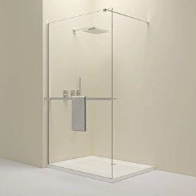 Erga Paris, sprchová zástena Walk-In 110x200 cm s poličkou a vešiakom na uteráky, 8mm číre sklo, chrómový profil, ERG-V02-PARIS-110x200-CL-CR-BAR